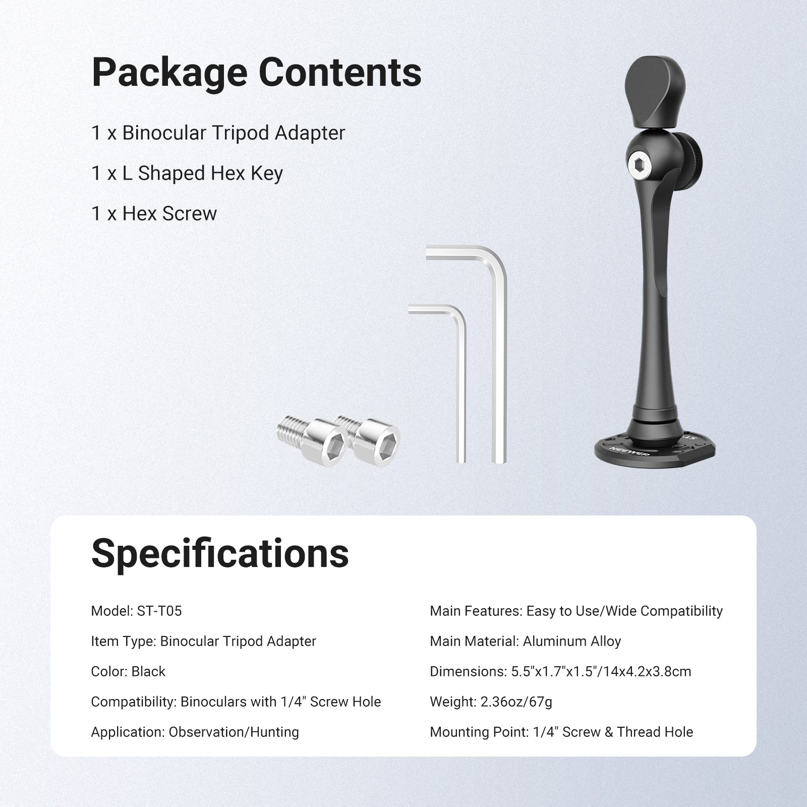 This package includes a binocular tripod adapter, an L-shaped hex key, and a hex screw.