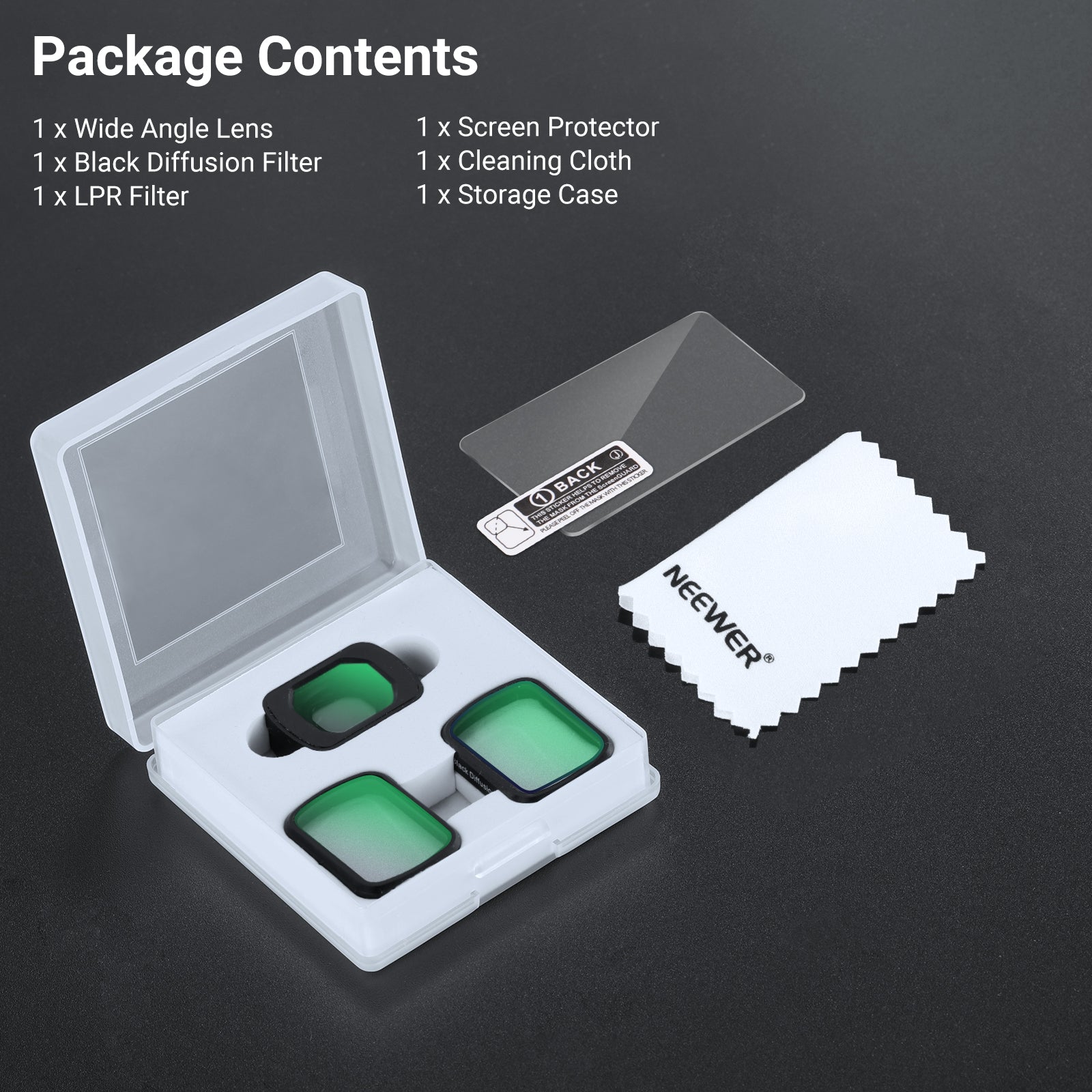 This package includes a wide-angle lens, a black diffusion filter, a LPR filter, a screen protector, a cleaning cloth, and a storage case.