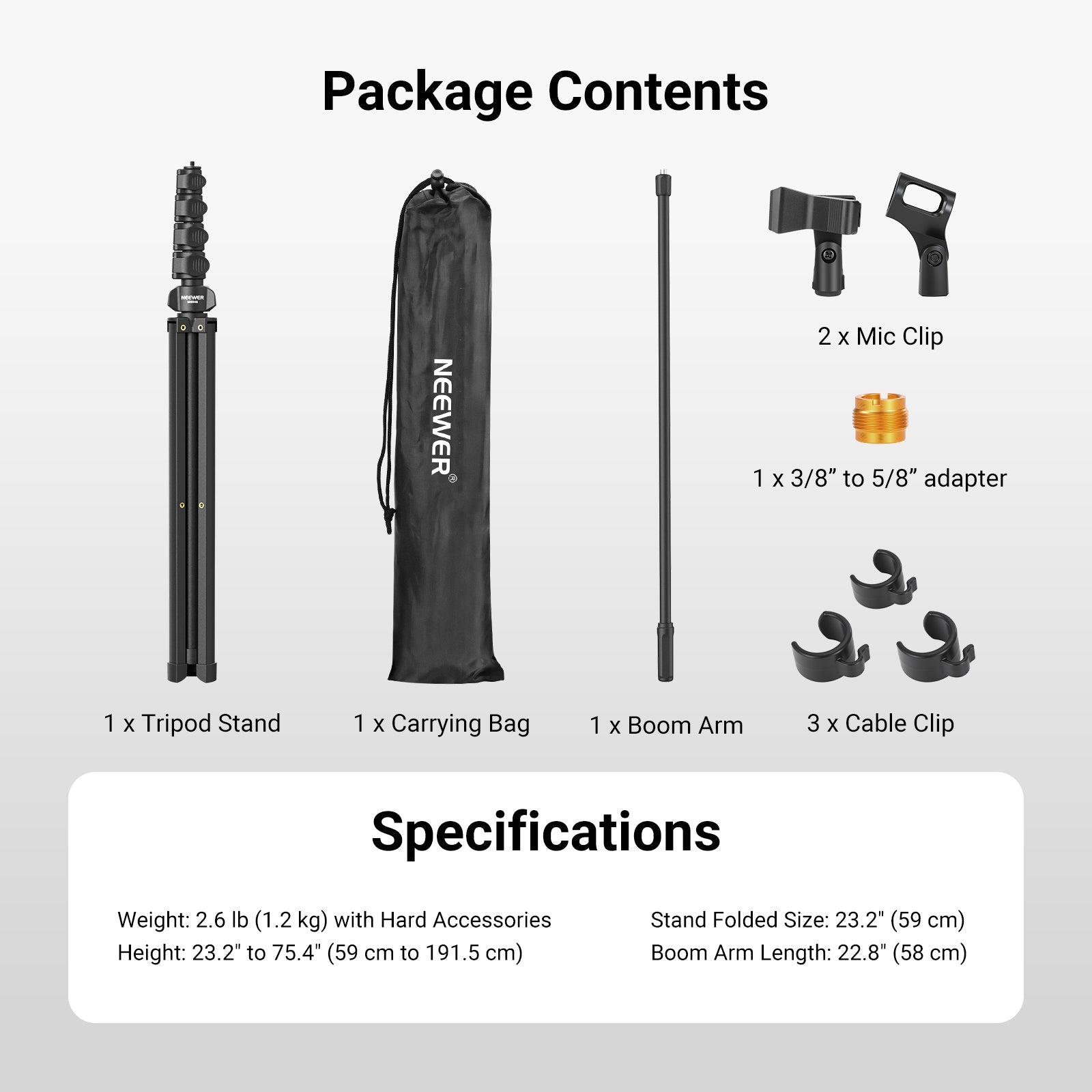 This package includes a NEEWER MS046 Microphone Floor Stand, a boom arm, a carrying bag, and more.