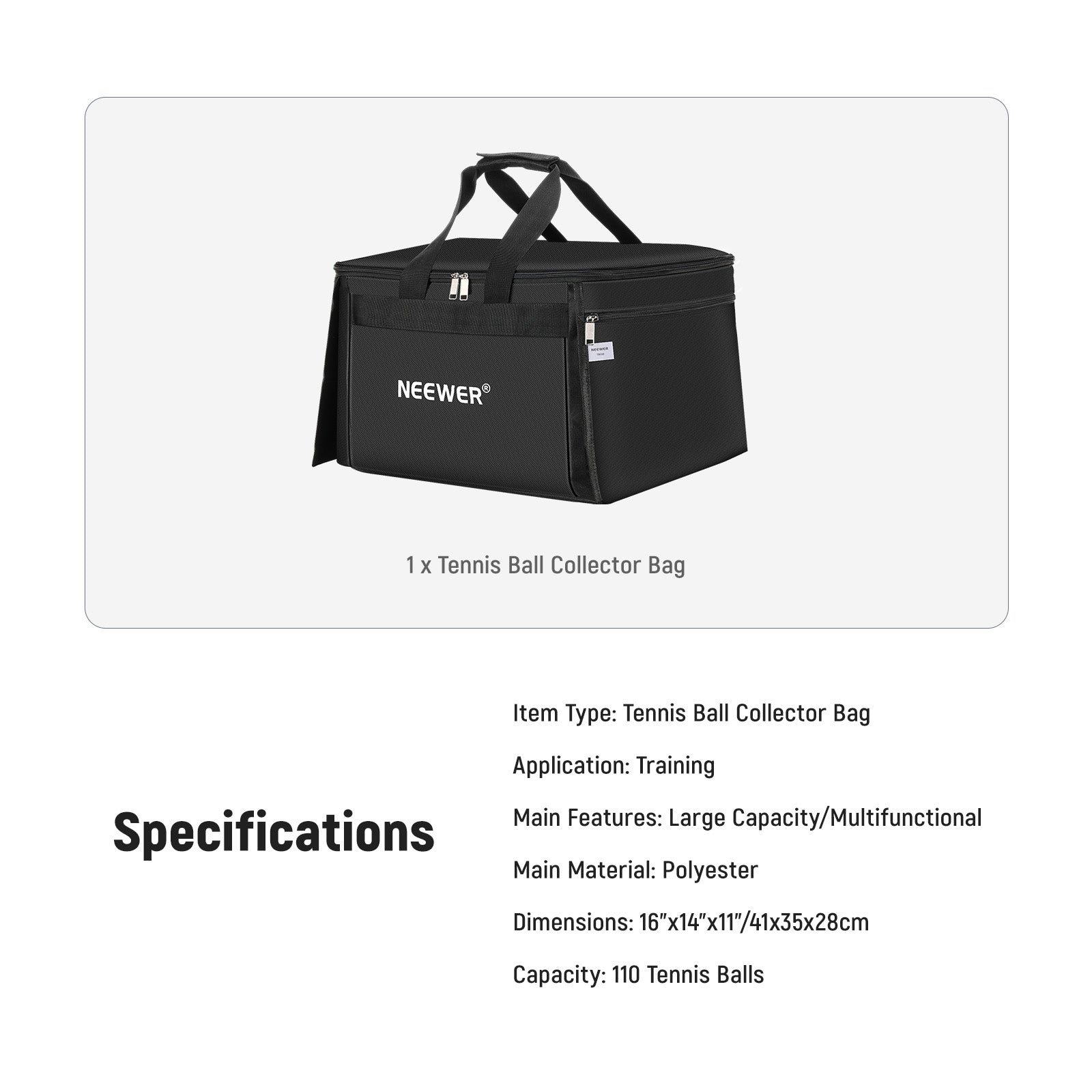 Specifications of the NEEWER TB01B Tennis Ball Collector Bag