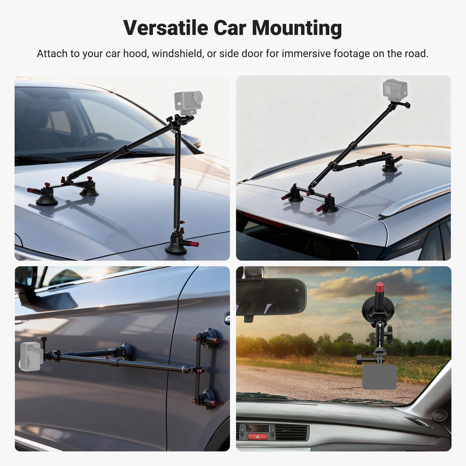 The action camera holder for video recording features three 3"/74 mm suction cups for a firm hold on hoods, windshields, or roofs.