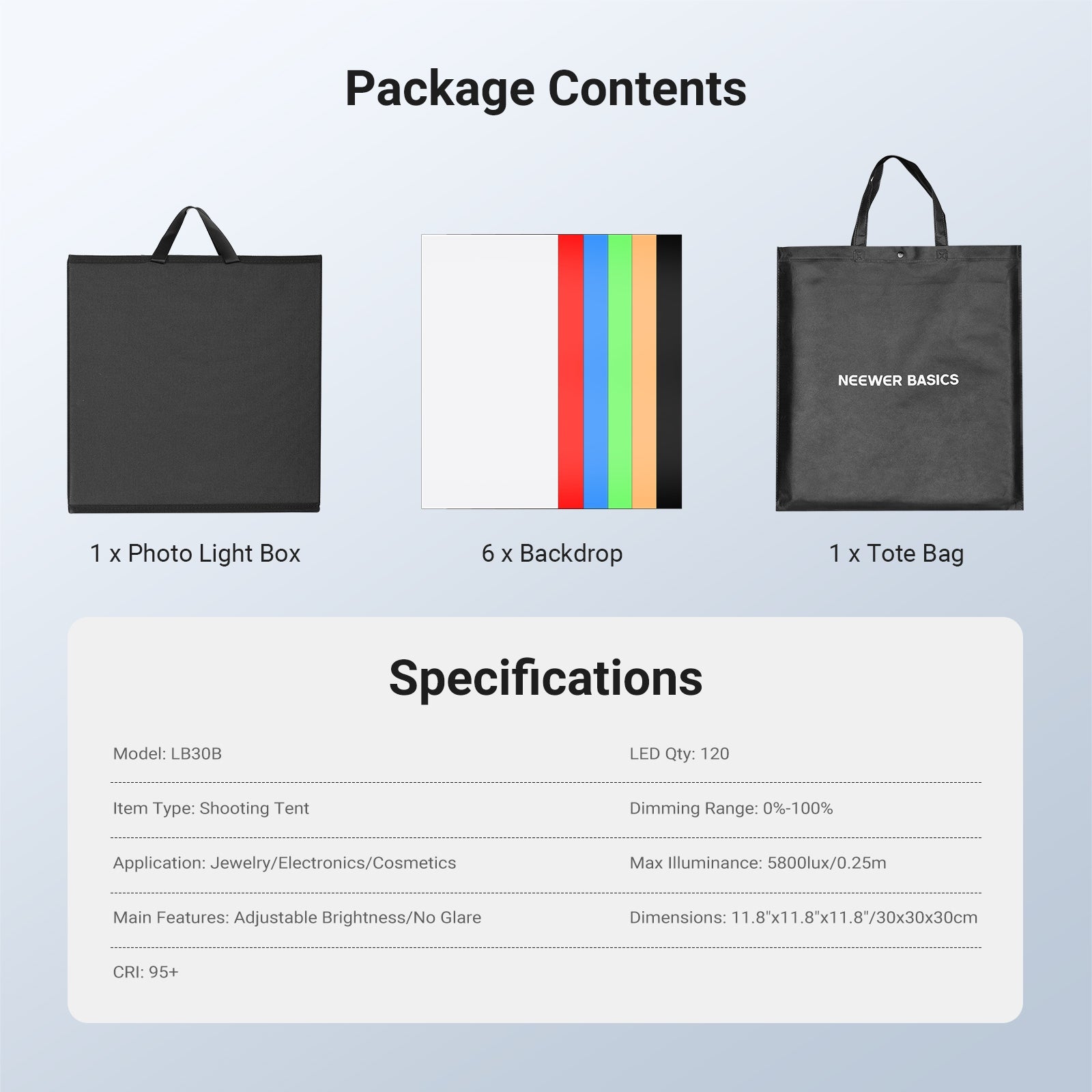 This package includes a photo light box, six backdrops, and a tote bag.