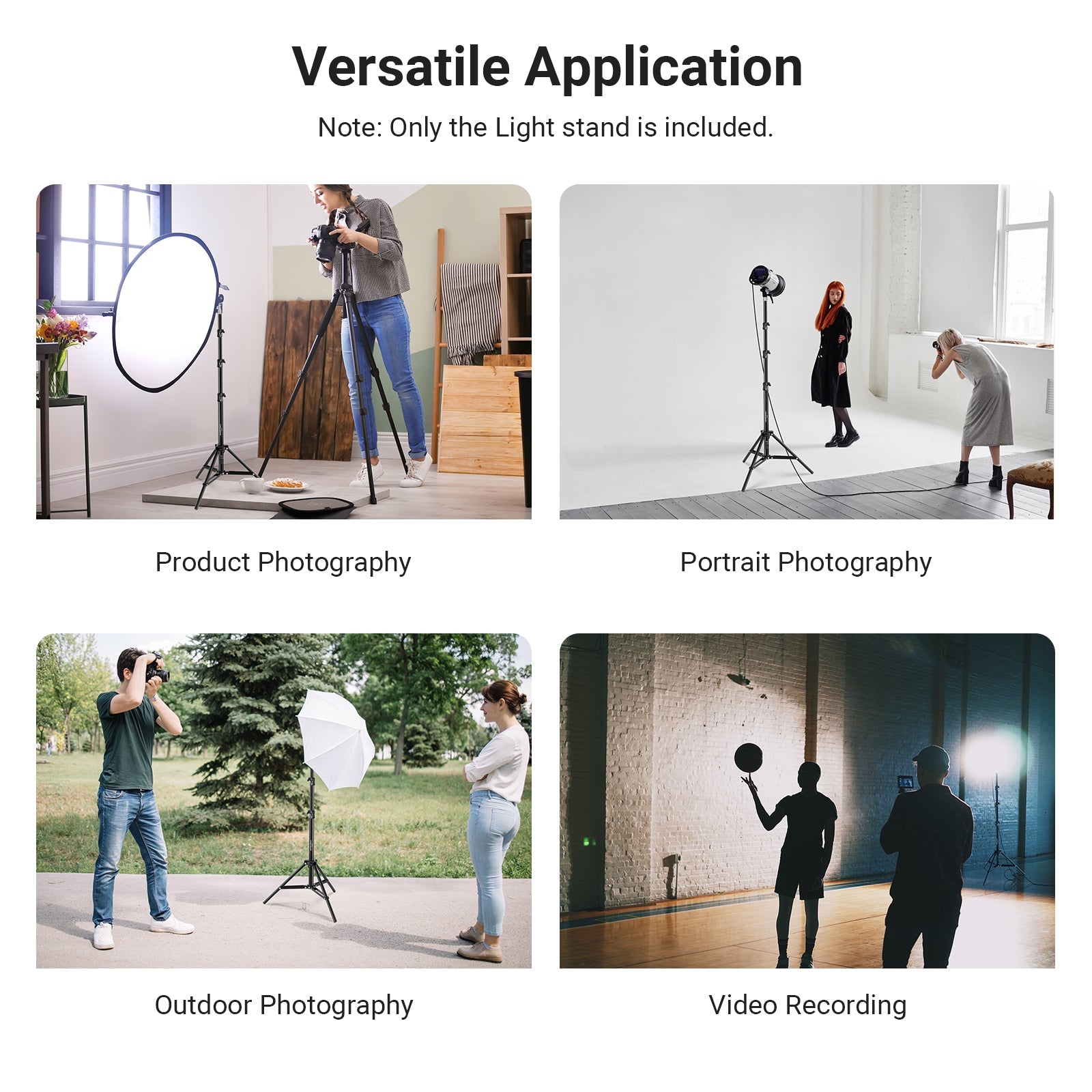 Adjustable photography light stand applicable for product, portrait, outdoor shooting and video recording with various lighting accessories