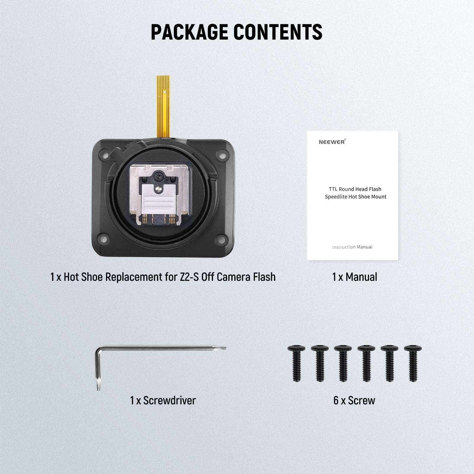 Package Contents of the NEEWER Hot Shoe Replacement for Z2-S Round Head Flash Speedlite
