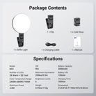 This kit includes a selfie light, a clip, a cold shoe, and a charging cable.