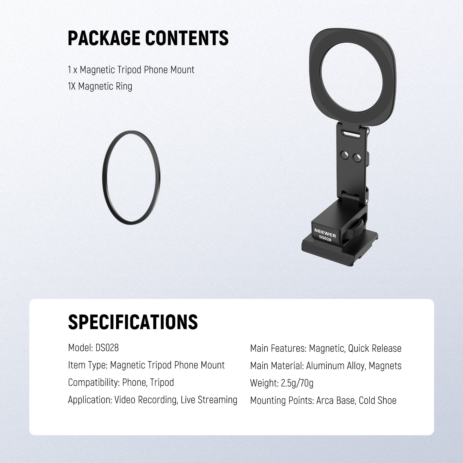 This package includes a magnetic tripod phone mount and a magnetic ring.