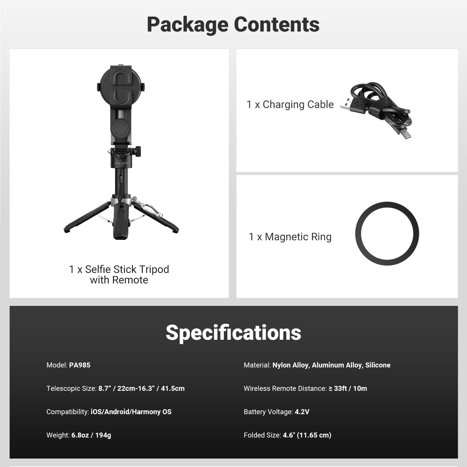 This kit includes a selfie stick tripod, a magnetic ring, a phone clip, a remote, and a charging cable.
