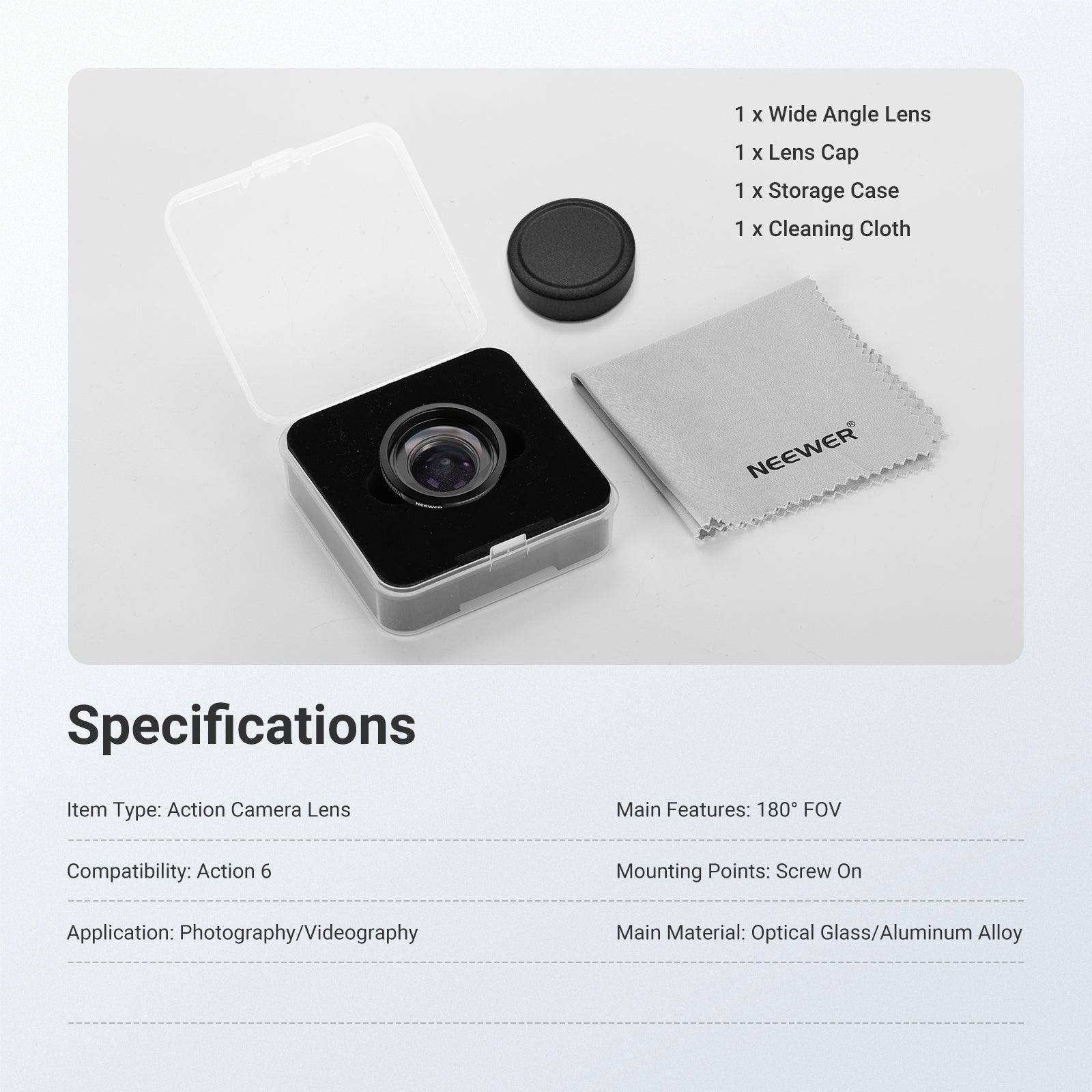 This kit includes a wide angle lens, a lens cap, a storage case, and a cleaning cloth.