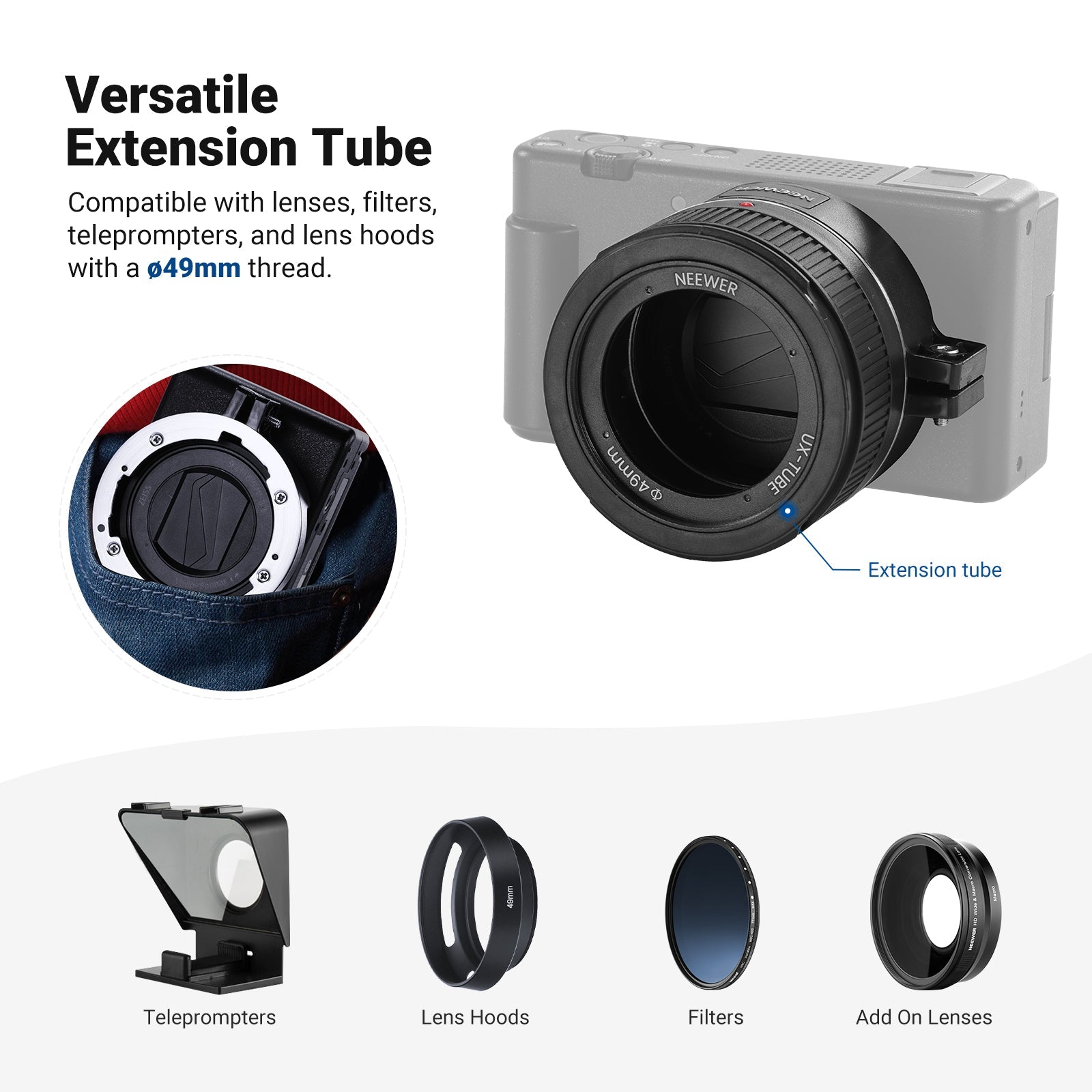 The spring loaded tube keeps the lens further from the camera sensor and increases magnification while preserving image quality