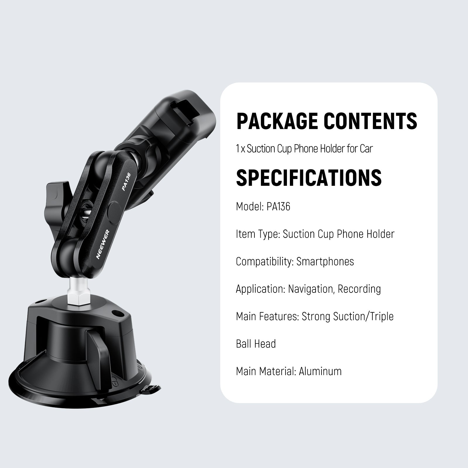 Specifications of the NEEWER PA136 Suction Cup Car Phone Holder