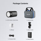 This package includes an outdoor strobe flash, a carrying bag, a diffuser, and more.