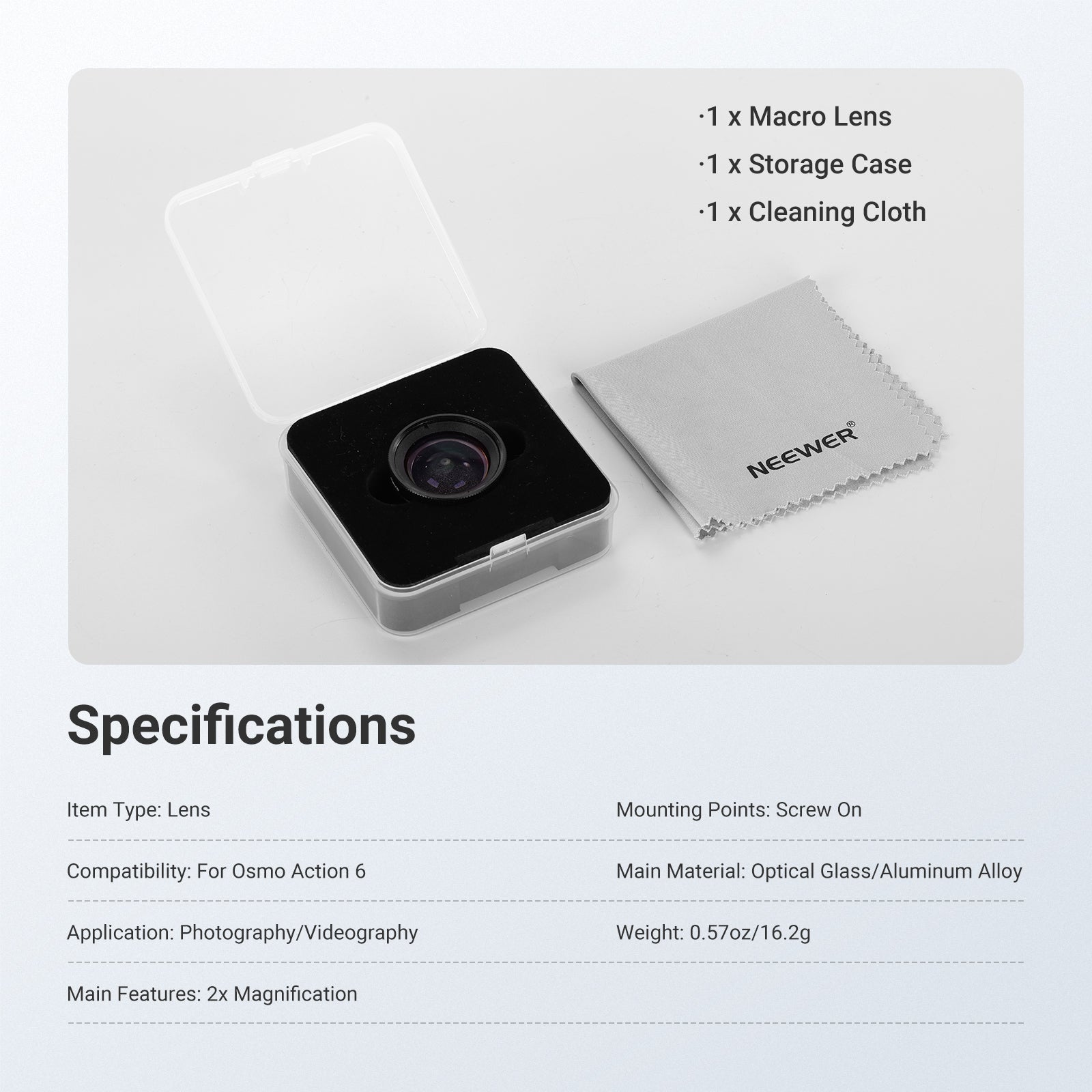 This package includes a macro lensm a storage case, and a cleaning cloth.