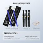 This kit includes three lens brush pen, two full frame sensor swab, and a cleaning cloth.