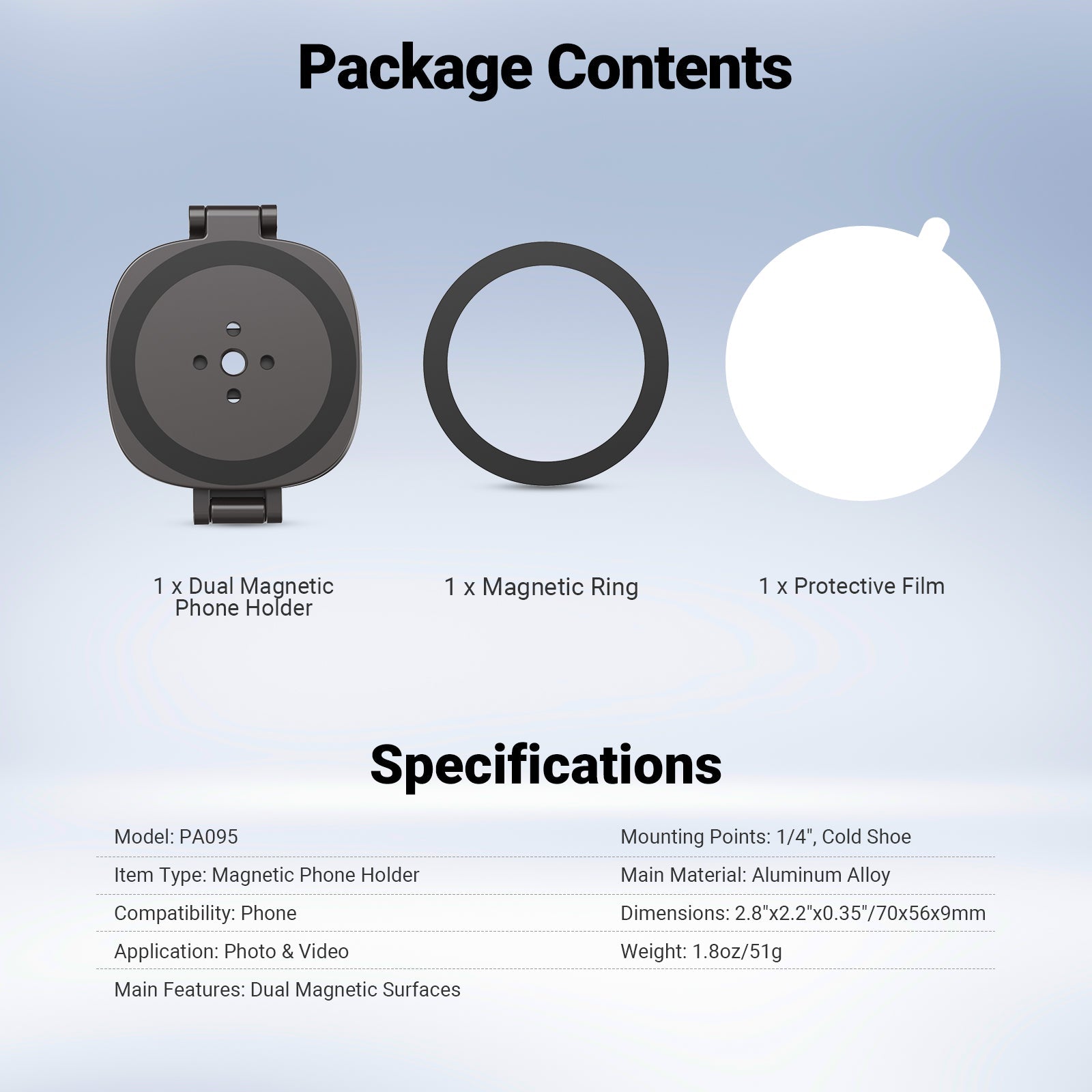 This package includes a dual magnetic phone holder, a magnetic ring, and a protective film.