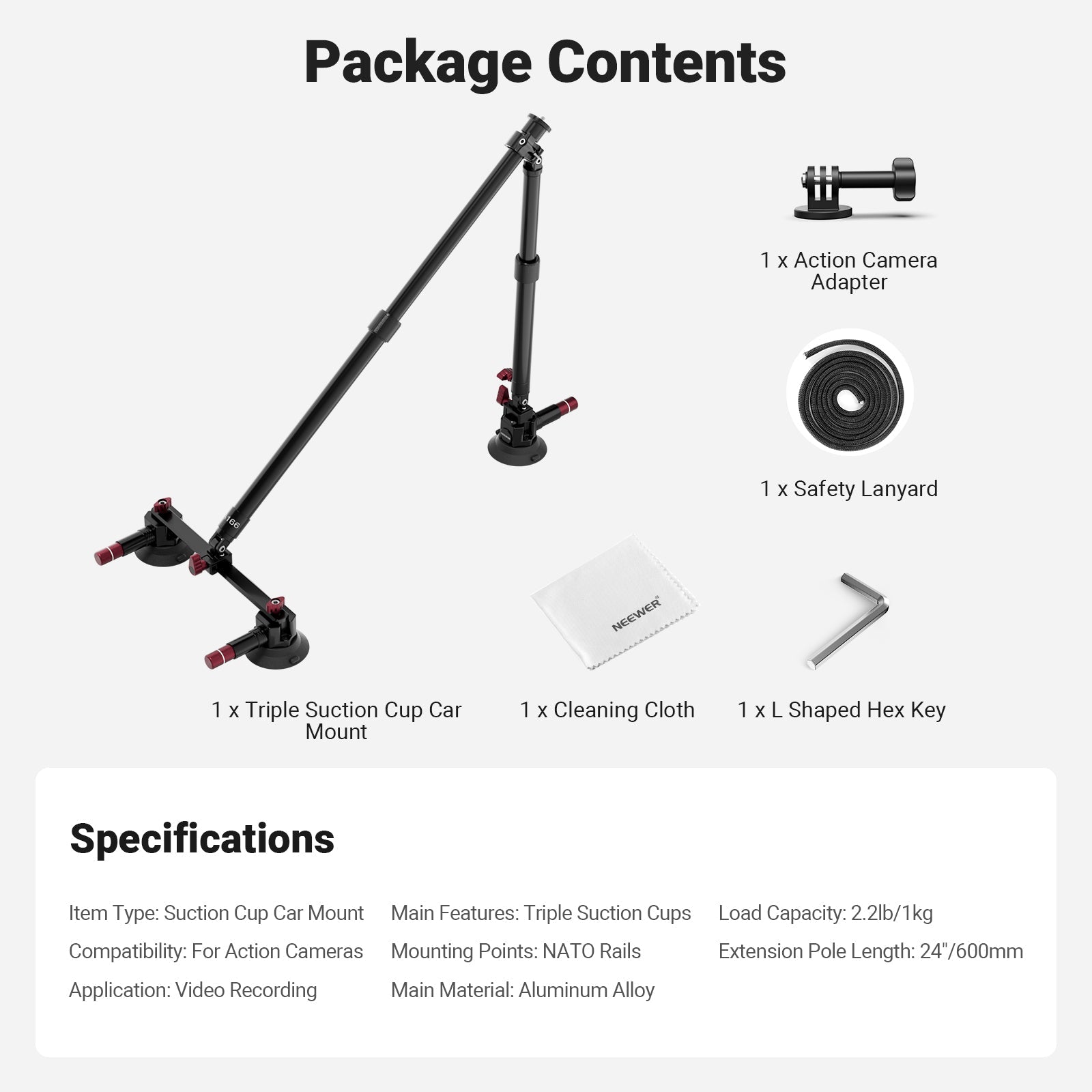 This package includes a triple suction cup car mount, a cleaning cloth, an action camera adapter, and more.