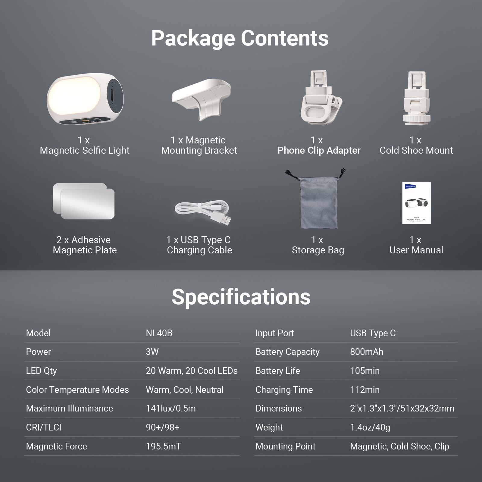 This package includes a magnetic selfie light, a magnetic mounting bracket, a phone clip adapter, and more.