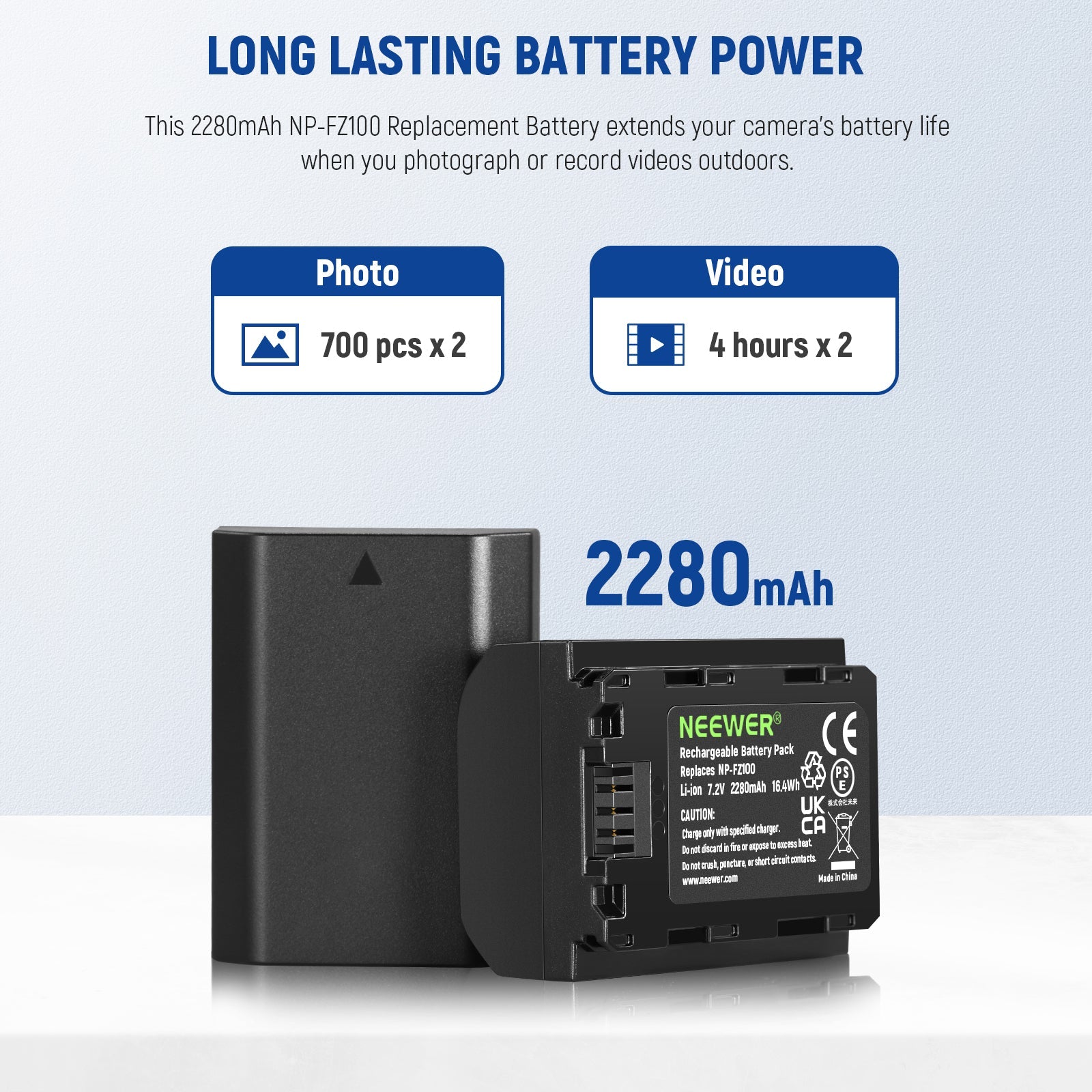 Batteria NEEWER 2280mAh Per Sony NP-FZ100 – Ricambio Agli Ioni Di Litio Per A7III, A7IV, A6700, FX3, ZV-E1 E Altri Modelli